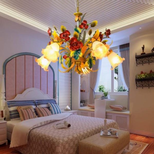 Đèn Chùm Bó Hoa Hồng Đỏ Sắt Kiểu Pháp Trang Trí Phòng Khách, Phòng Ngủ Lãng Mạn