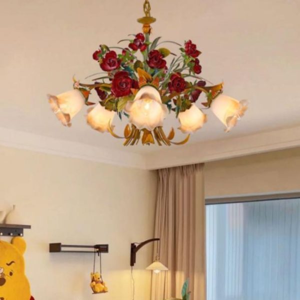 Đèn Chùm Bó Hoa Hồng Đỏ Sắt Kiểu Pháp Trang Trí Phòng Khách, Phòng Ngủ Lãng Mạn