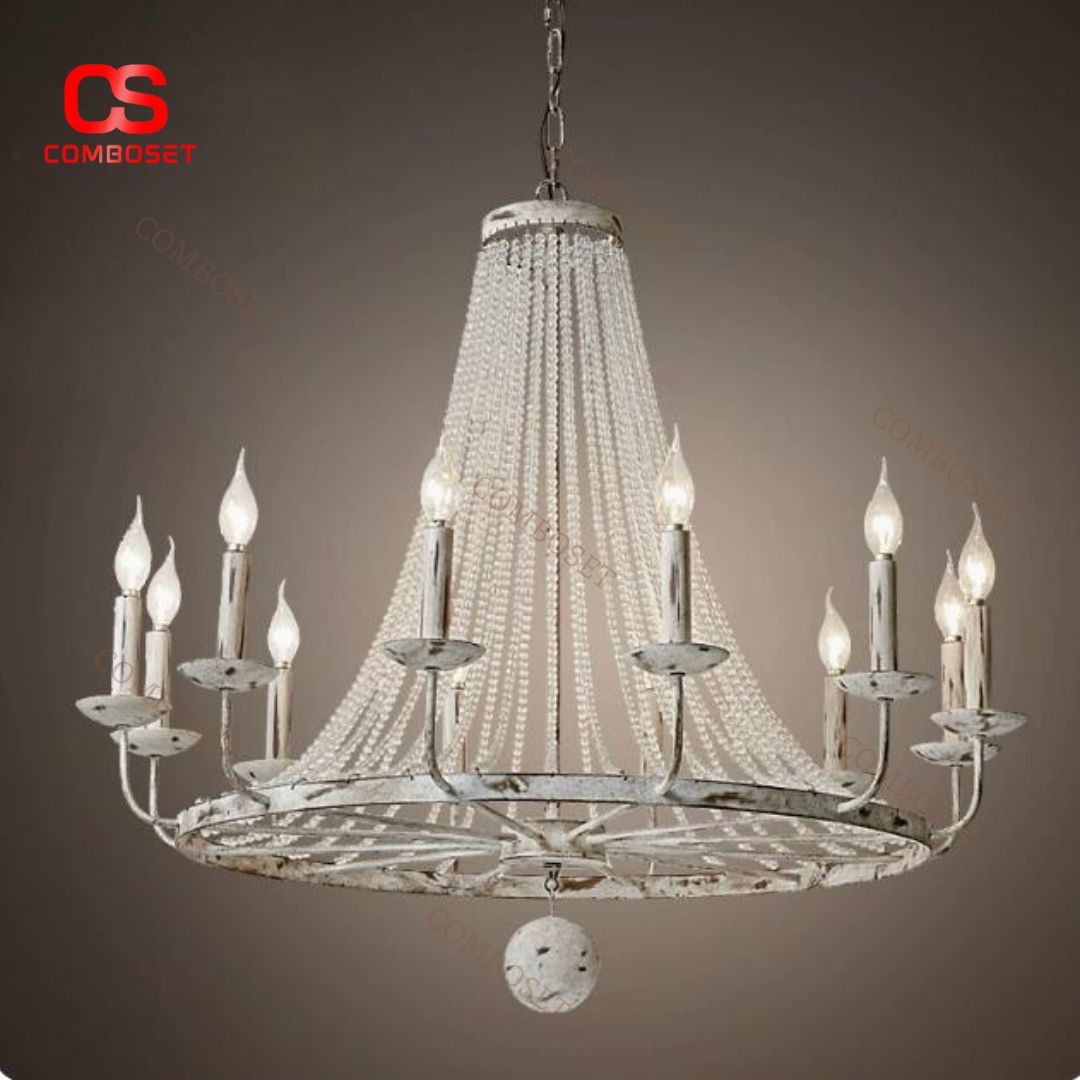 Đèn Chùm Chuỗi Hạt Pha Lê Màu Trắng Phong Cách Cổ Điển Kiểu Châu Âu Decor Biệt Thự
