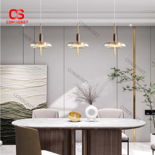 Đèn Chùm Đồng 3 Đầu Thuỷ Tinh Chuôi Gỗ Phong Cách Cá Tính Trang Trí Phòng Khách Hiện Đại