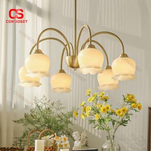 Đèn Chùm Đồng 8 Bông Hoa Huệ Màu Trắng Kem Thanh Lịch Decor Không Gian Phòng Khách