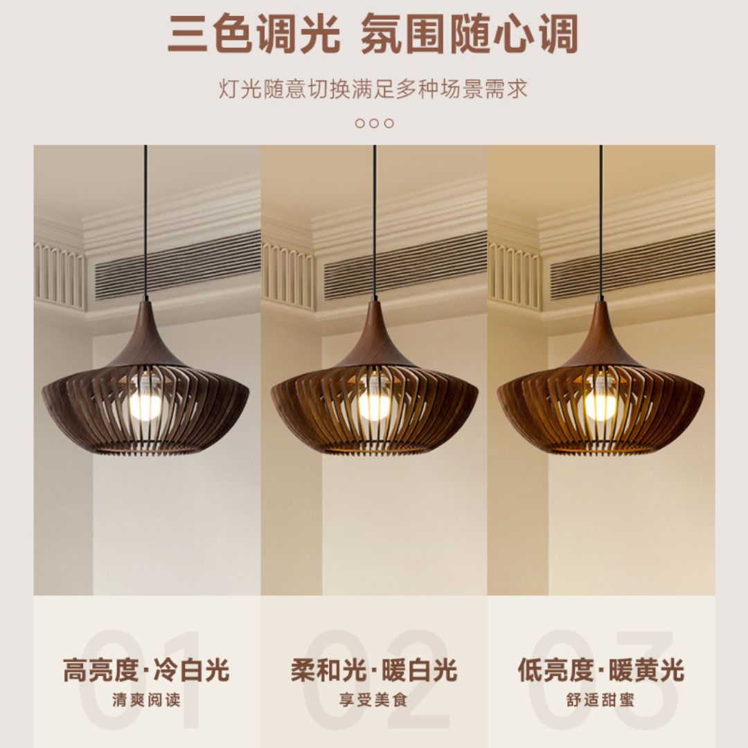 Đèn Chùm Gỗ Wabi Sabi 3 Chế Độ Sáng Phong Cách Nhật Bản Decor Phòng Trà, Phòng Ăn Gia Đình