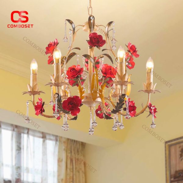 Đèn Chùm Hoa Hồng Đỏ Leo Thiết Kế Sáng Tạo Phong Cách Tân Cổ Điển Châu Âu