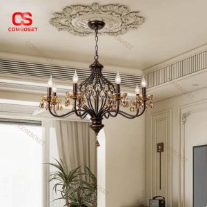 Đèn Chùm Sắt Chao Nến Retro Cổ Điển Màu Vân Gỗ Phong Cách Trung Cổ Decor Phòng Khách