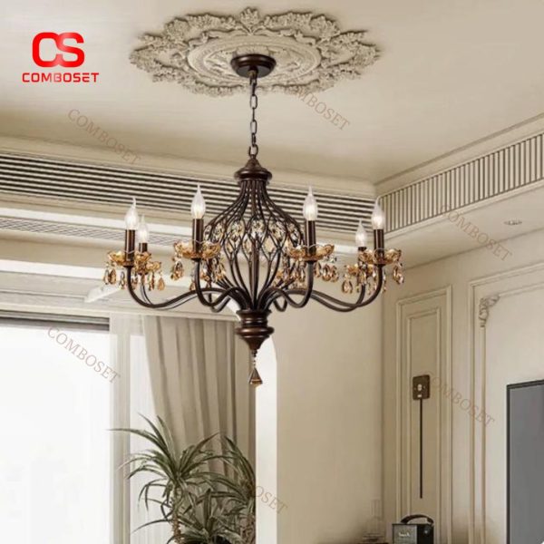 Đèn Chùm Sắt Chao Nến Retro Cổ Điển Màu Vân Gỗ Phong Cách Trung Cổ Decor Phòng Khách