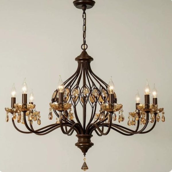 Đèn Chùm Sắt Chao Nến Retro Cổ Điển Màu Vân Gỗ Phong Cách Trung Cổ Decor Phòng Khách