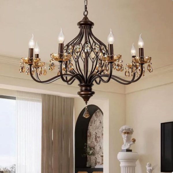 Đèn Chùm Sắt Chao Nến Retro Cổ Điển Màu Vân Gỗ Phong Cách Trung Cổ Decor Phòng Khách