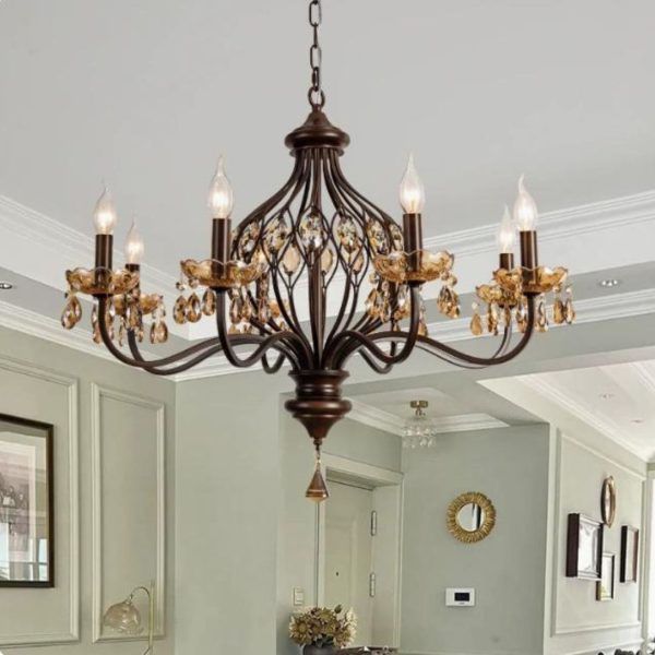 Đèn Chùm Sắt Chao Nến Retro Cổ Điển Màu Vân Gỗ Phong Cách Trung Cổ Decor Phòng Khách
