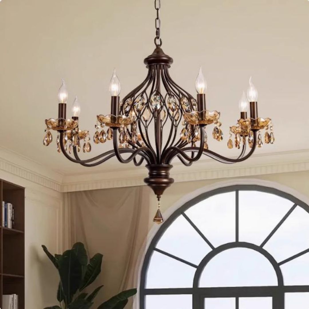 Đèn Chùm Sắt Chao Nến Retro Cổ Điển Màu Vân Gỗ Phong Cách Trung Cổ Decor Phòng Khách