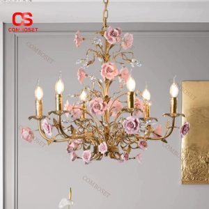 Đèn Chùm Sắt Vàng Hoa Hồng Cổ Điển Trang Trí Phòng Khách Biệt Thự, Phòng Ăn Sang Trọng