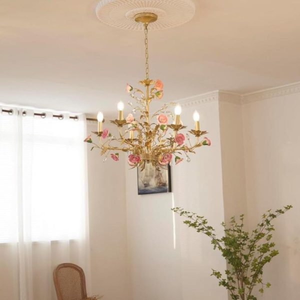 Đèn Chùm Sắt Vàng Hoa Hồng Cổ Điển Trang Trí Phòng Khách Biệt Thự, Phòng Ăn Sang Trọng