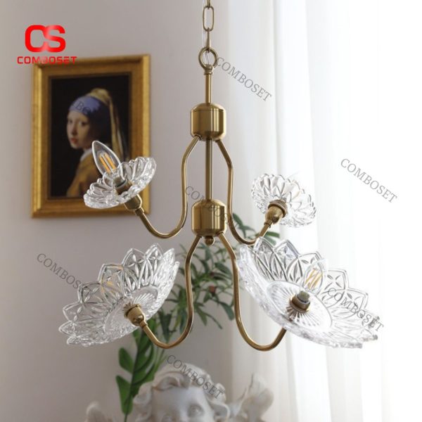 Đèn Chùm Thuỷ Tinh 4 Bông Hoa Thiết Kế Pháp Retro Sang Trọng Cổ Điển Phòng Khách