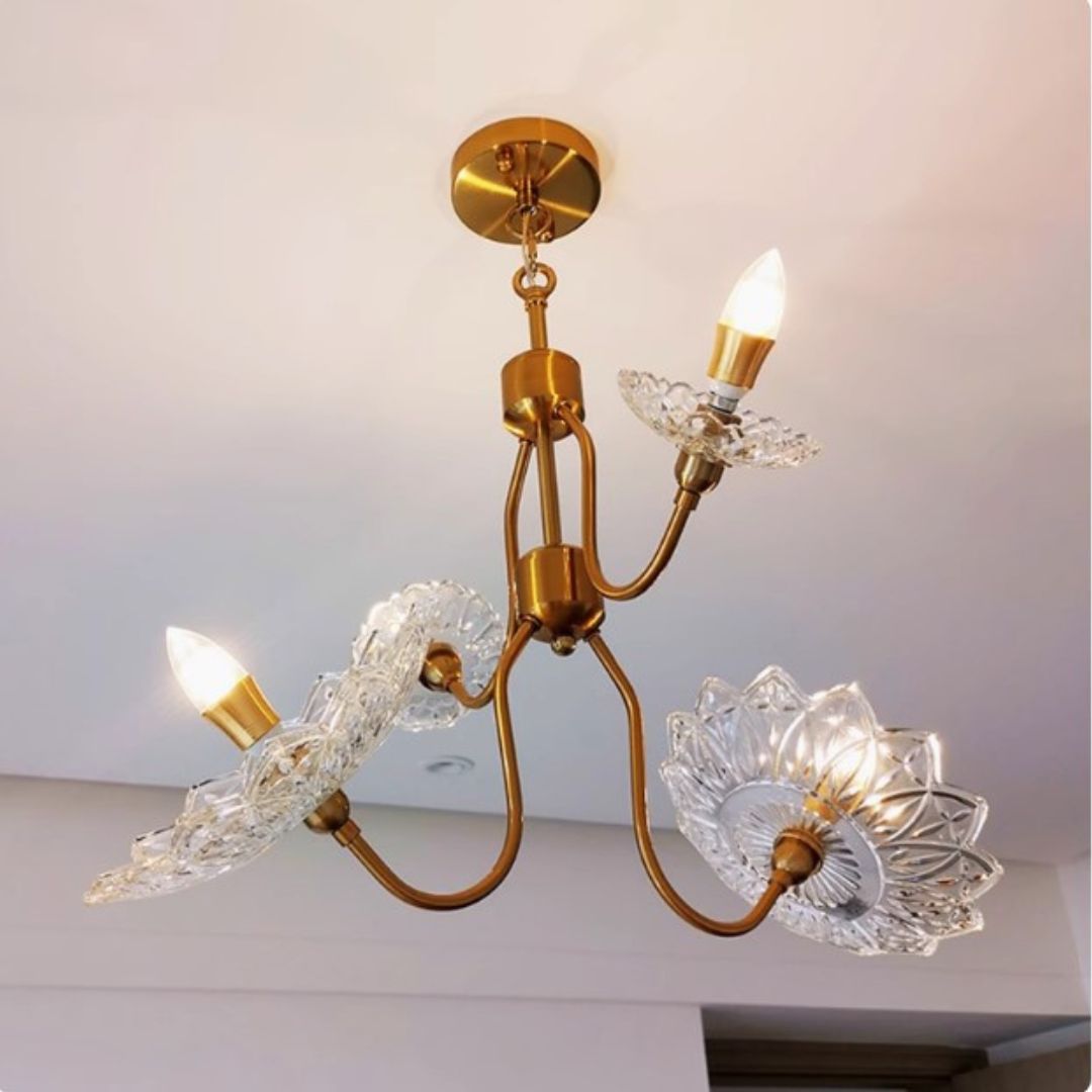 Đèn Chùm Thuỷ Tinh 4 Bông Hoa Thiết Kế Pháp Retro Sang Trọng Cổ Điển Phòng Khách
