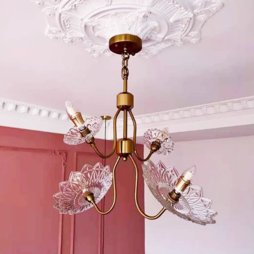Đèn Chùm Thuỷ Tinh 4 Bông Hoa Thiết Kế Pháp Retro Sang Trọng Cổ Điển Phòng Khách