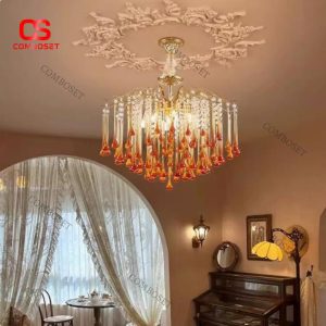Đèn Chùm Thuỷ Tinh Giọt Nước Vàng Đỏ Sang Trọng Quý Phái Decor Phòng Khách, Phòng Ngủ