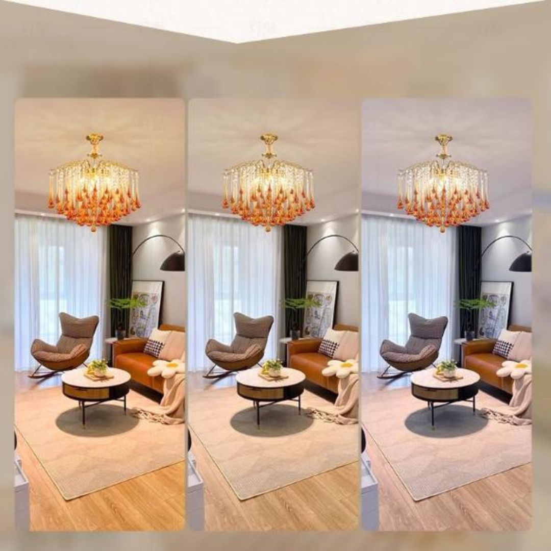 Đèn Chùm Thuỷ Tinh Giọt Nước Vàng Đỏ Sang Trọng Quý Phái Decor Phòng Khách, Phòng Ngủ
