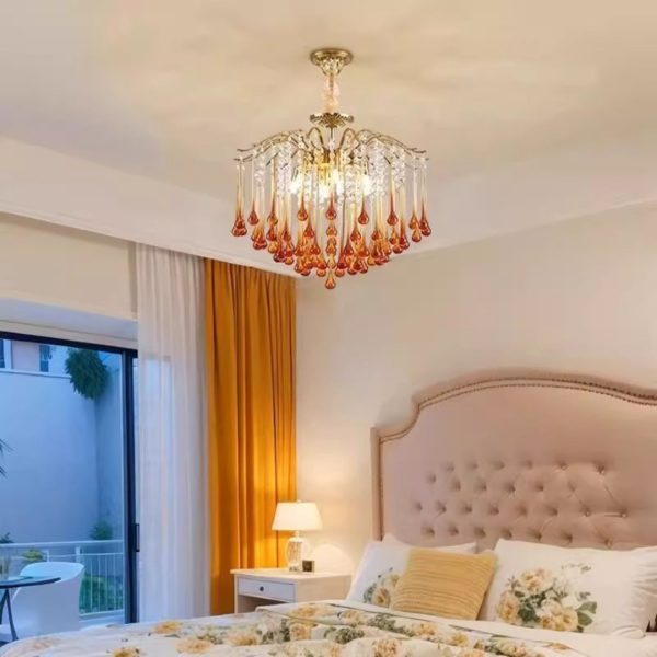 Đèn Chùm Thuỷ Tinh Giọt Nước Vàng Đỏ Sang Trọng Quý Phái Decor Phòng Khách, Phòng Ngủ