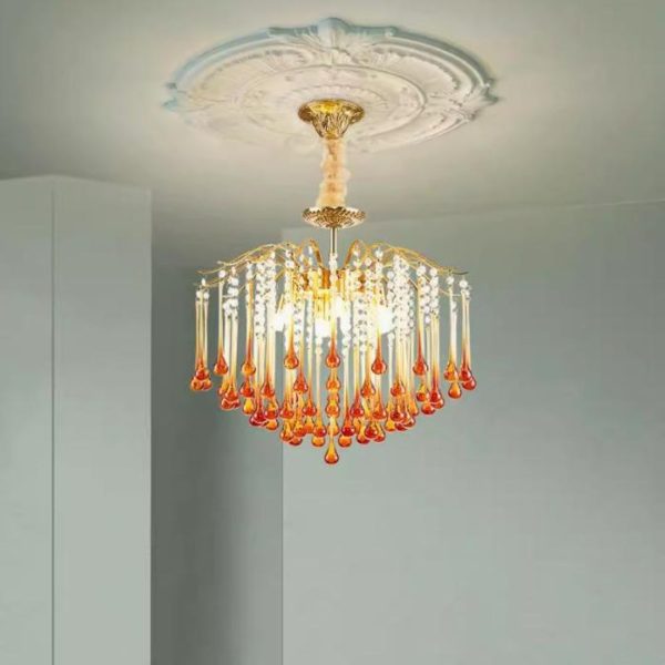 Đèn Chùm Thuỷ Tinh Giọt Nước Vàng Đỏ Sang Trọng Quý Phái Decor Phòng Khách, Phòng Ngủ