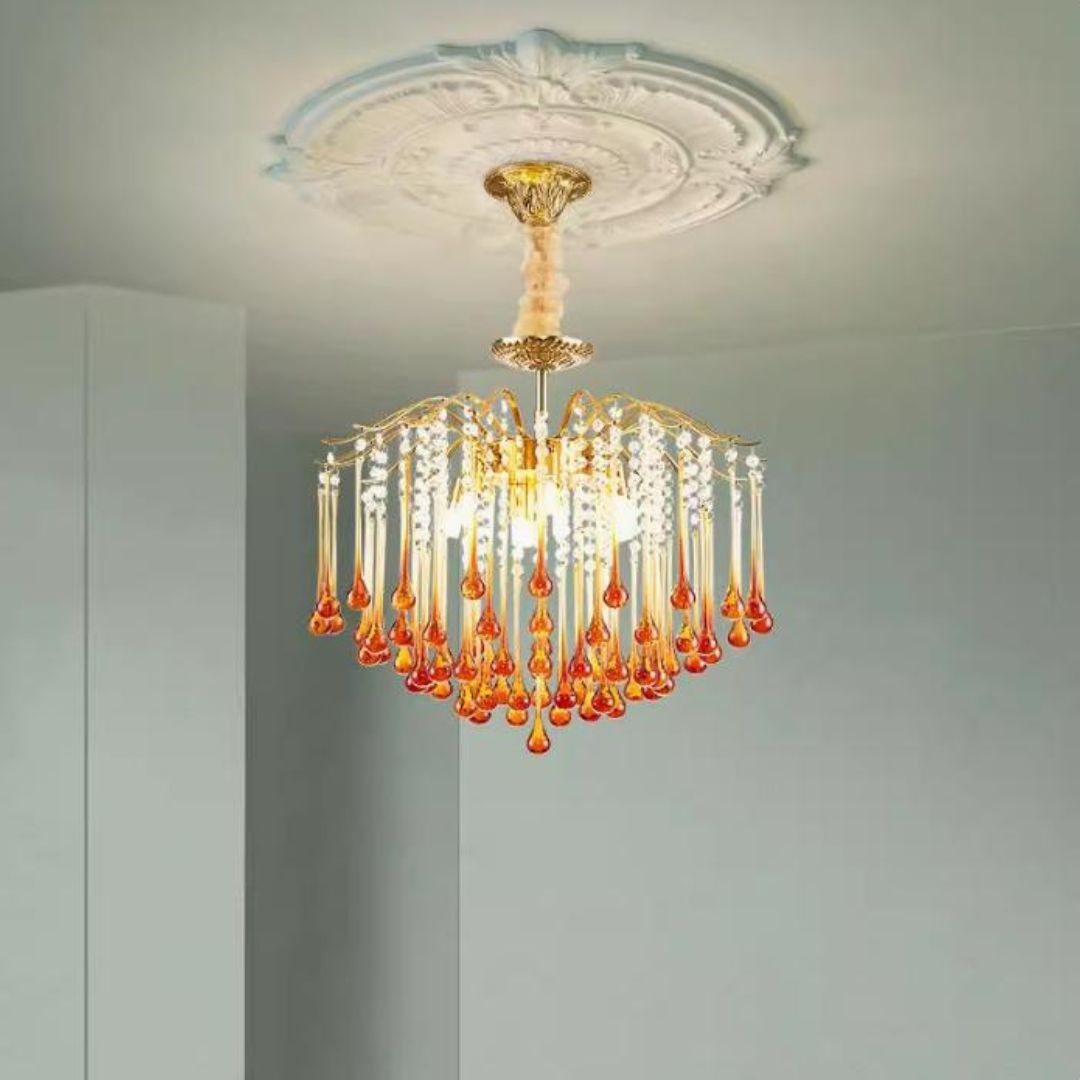 Đèn Chùm Thuỷ Tinh Giọt Nước Vàng Đỏ Sang Trọng Quý Phái Decor Phòng Khách, Phòng Ngủ