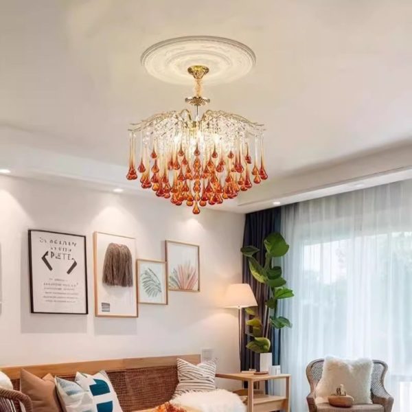 Đèn Chùm Thuỷ Tinh Giọt Nước Vàng Đỏ Sang Trọng Quý Phái Decor Phòng Khách, Phòng Ngủ