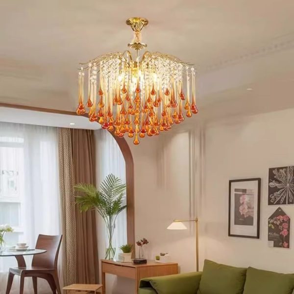 Đèn Chùm Thuỷ Tinh Giọt Nước Vàng Đỏ Sang Trọng Quý Phái Decor Phòng Khách, Phòng Ngủ