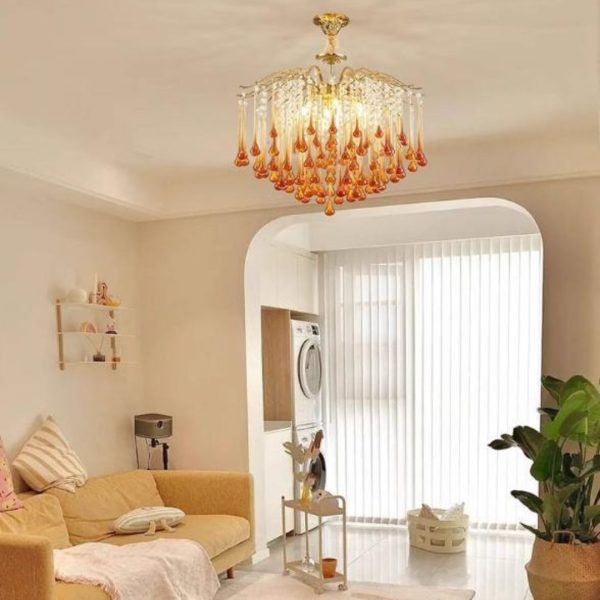 Đèn Chùm Thuỷ Tinh Giọt Nước Vàng Đỏ Sang Trọng Quý Phái Decor Phòng Khách, Phòng Ngủ
