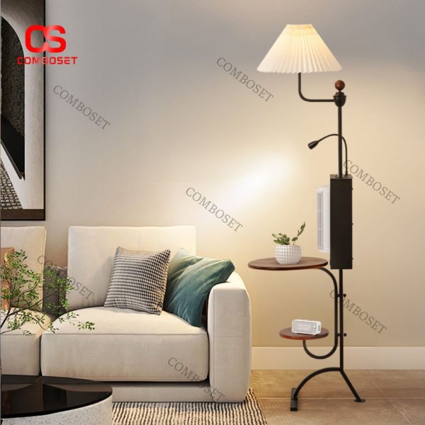 Đèn Sàn Tích Hợp Quạt Không Cánh Xoay 150 Độ, 2 Kệ Bàn Trà Cafe Tiện Lợi Trang Trí Phòng Khách