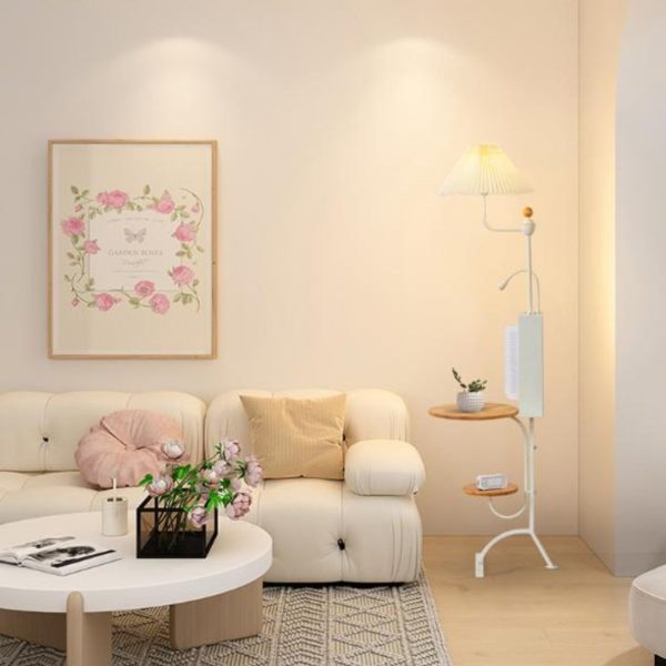 Đèn Sàn Tích Hợp Quạt Không Cánh Xoay 150 Độ, 2 Kệ Bàn Trà Cafe Tiện Lợi Trang Trí Phòng Khách