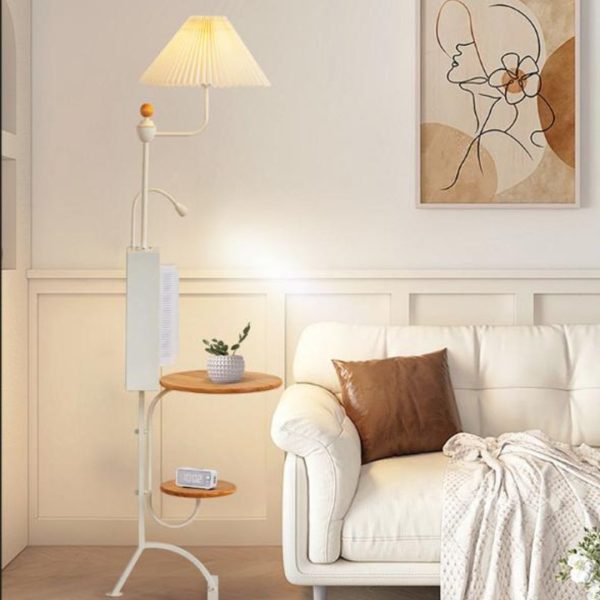 Đèn Sàn Tích Hợp Quạt Không Cánh Xoay 150 Độ, 2 Kệ Bàn Trà Cafe Tiện Lợi Trang Trí Phòng Khách