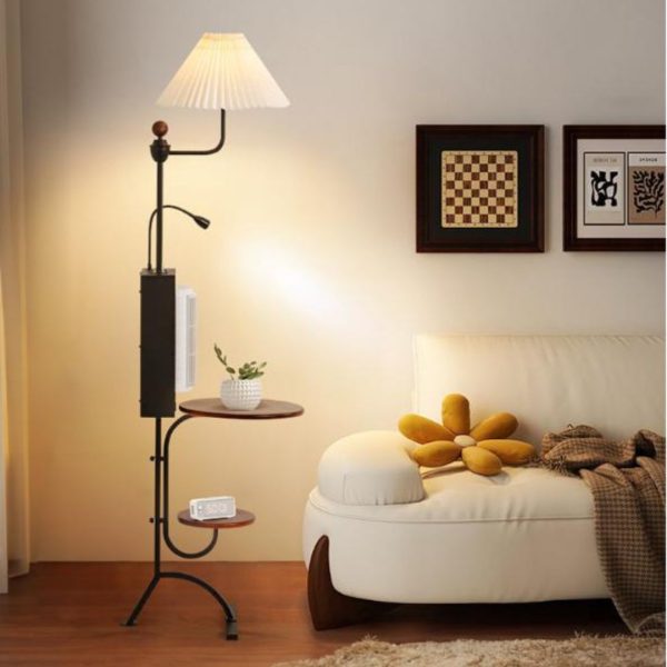 Đèn Sàn Tích Hợp Quạt Không Cánh Xoay 150 Độ, 2 Kệ Bàn Trà Cafe Tiện Lợi Trang Trí Phòng Khách