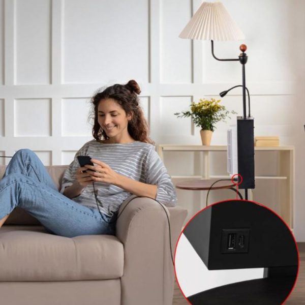 Đèn Sàn Tích Hợp Quạt Không Cánh Xoay 150 Độ, 2 Kệ Bàn Trà Cafe Tiện Lợi Trang Trí Phòng Khách