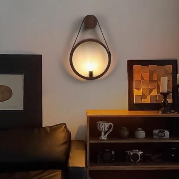 Đèn Tường Đai Da Treo Hình Tròn, In Vân Gỗ Chuyển Nhiệt Sáng Tạo Phong Cách Retro Cổ Điển