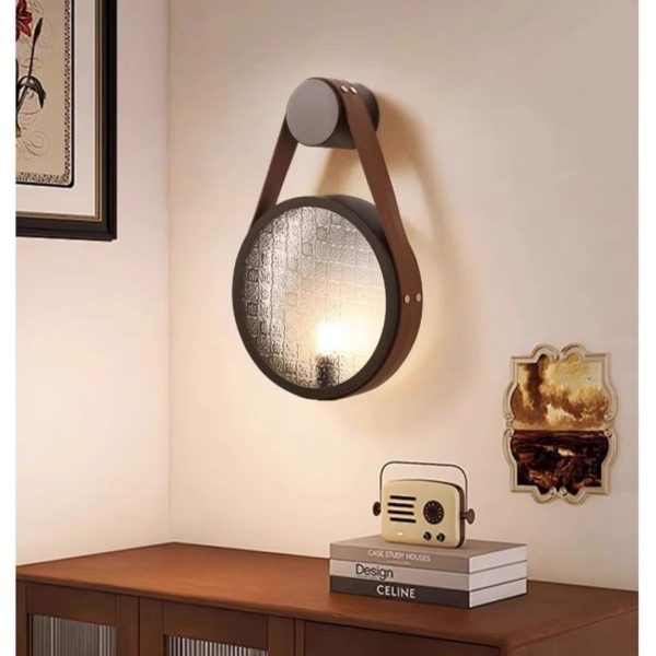 Đèn Tường Đai Da Treo Hình Tròn, In Vân Gỗ Chuyển Nhiệt Sáng Tạo Phong Cách Retro Cổ Điển