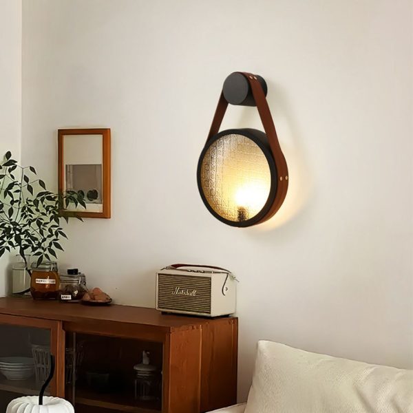 Đèn Tường Đai Da Treo Hình Tròn, In Vân Gỗ Chuyển Nhiệt Sáng Tạo Phong Cách Retro Cổ Điển