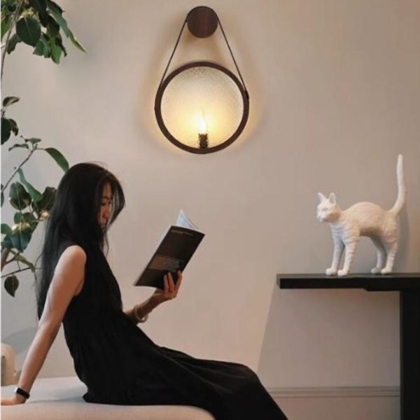 Đèn Tường Đai Da Treo Hình Tròn, In Vân Gỗ Chuyển Nhiệt Sáng Tạo Phong Cách Retro Cổ Điển