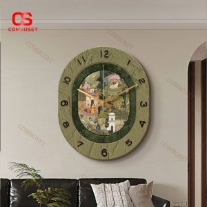 Đồng Hồ Treo Tường Phòng Khách Cổ Điển Màu Xanh Lá Cây Hoạ Tiết Cây Cảnh
