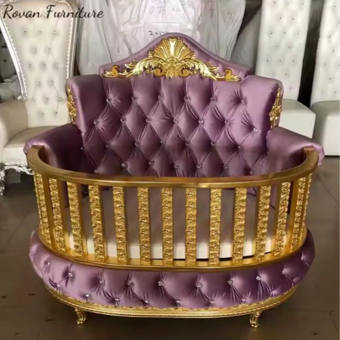 Ghế Giường Trẻ Em Sang Trọng Vải Nhung Khung Gỗ Mạ Vàng Decor Biệt Thự, Lâu Đài Công Chúa