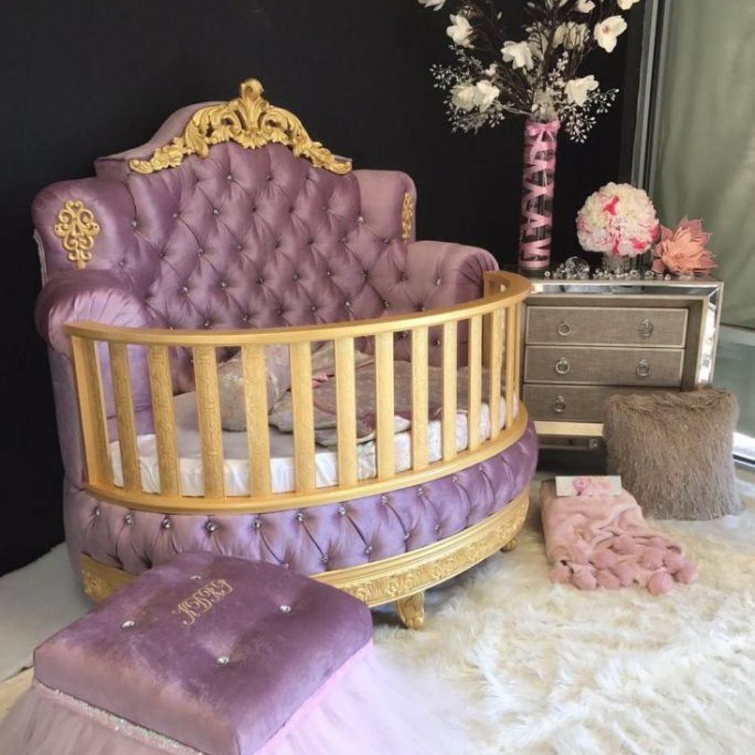 Ghế Giường Trẻ Em Sang Trọng Vải Nhung Khung Gỗ Mạ Vàng Decor Biệt Thự, Lâu Đài Công Chúa