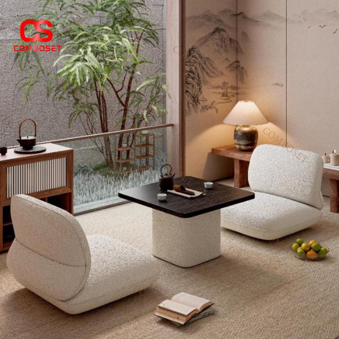 Bộ Bàn Ghế Bệt Vải Nhung Bông Trắng Phong Cách Tối Giản Nhật Bản Thưởng Thức Trà Chiều