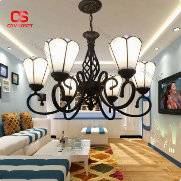 Đèn Chùm 6 Bông Hoa Ly Thuỷ Tinh Trắng Xanh Cổ Điển Phong Cách Địa Trung Hải Decor Khách Sạn