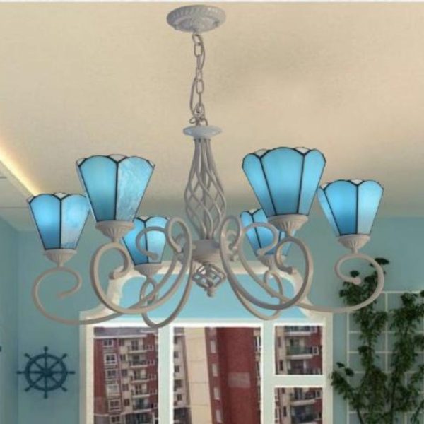 Đèn Chùm 6 Bông Hoa Ly Thuỷ Tinh Trắng Xanh Cổ Điển Phong Cách Địa Trung Hải Decor Khách Sạn