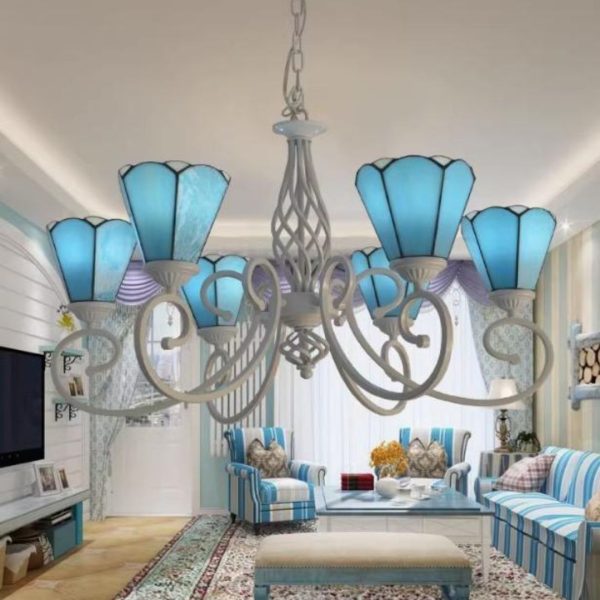 Đèn Chùm 6 Bông Hoa Ly Thuỷ Tinh Trắng Xanh Cổ Điển Phong Cách Địa Trung Hải Decor Khách Sạn