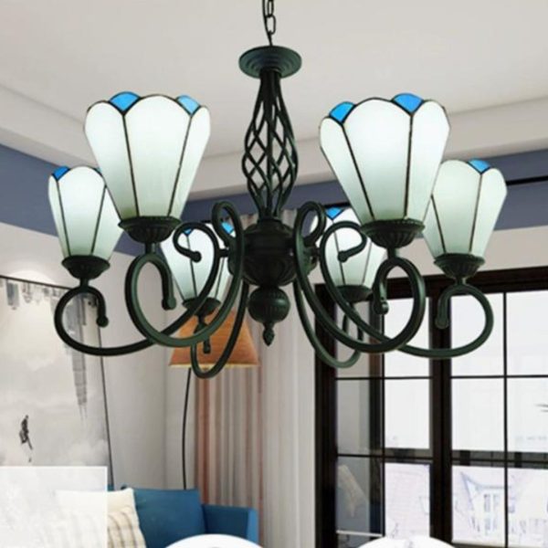 Đèn Chùm 6 Bông Hoa Ly Thuỷ Tinh Trắng Xanh Cổ Điển Phong Cách Địa Trung Hải Decor Khách Sạn