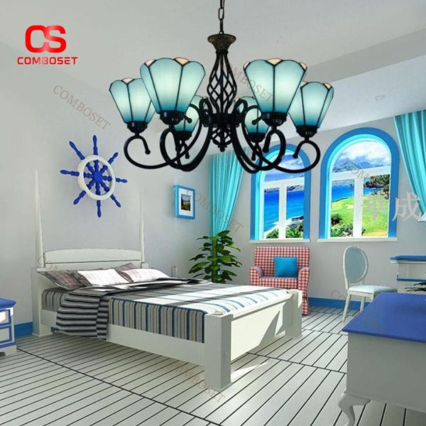 Đèn Chùm 6 Bông Hoa Ly Thuỷ Tinh Trắng Xanh Cổ Điển Phong Cách Địa Trung Hải Decor Khách Sạn