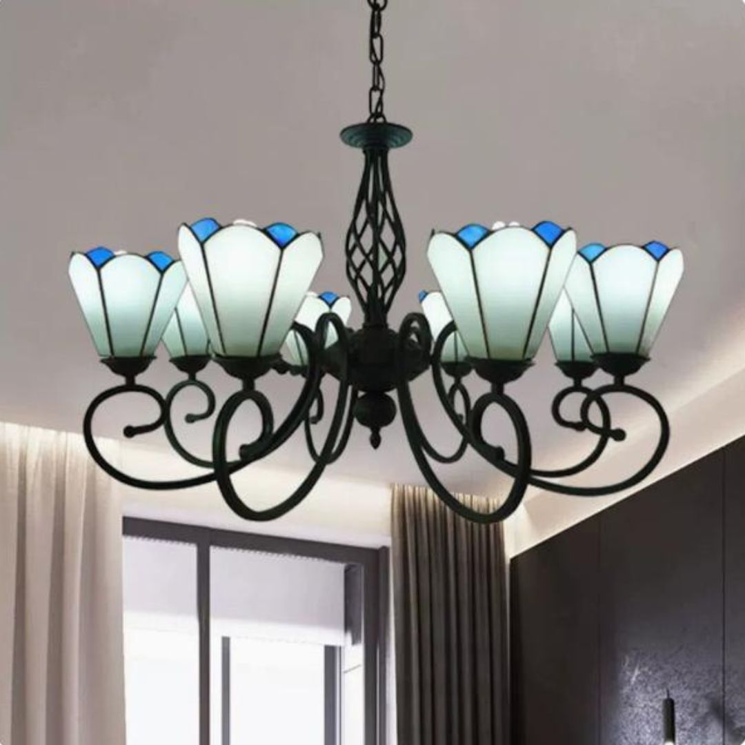 Đèn Chùm 6 Bông Hoa Ly Thuỷ Tinh Trắng Xanh Cổ Điển Phong Cách Địa Trung Hải Decor Khách Sạn