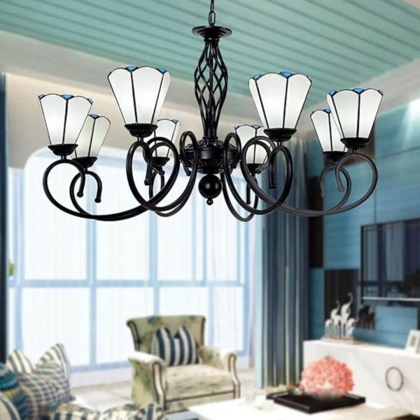 Đèn Chùm 6 Bông Hoa Ly Thuỷ Tinh Trắng Xanh Cổ Điển Phong Cách Địa Trung Hải Decor Khách Sạn