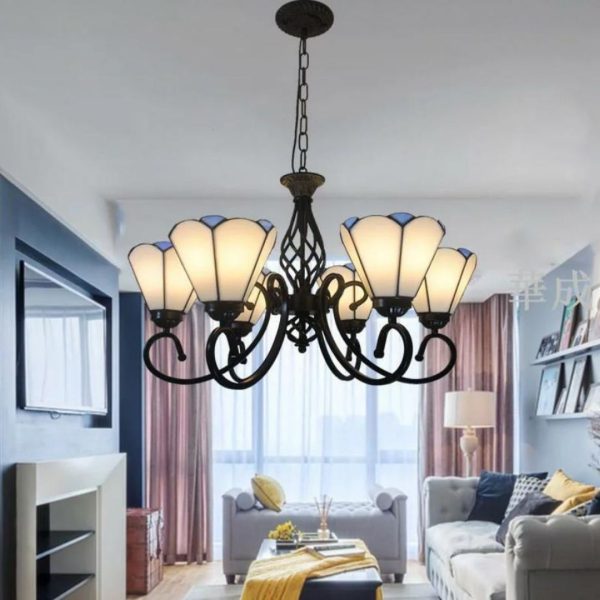 Đèn Chùm 6 Bông Hoa Ly Thuỷ Tinh Trắng Xanh Cổ Điển Phong Cách Địa Trung Hải Decor Khách Sạn