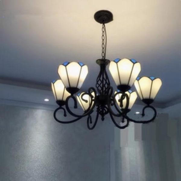 Đèn Chùm 6 Bông Hoa Ly Thuỷ Tinh Trắng Xanh Cổ Điển Phong Cách Địa Trung Hải Decor Khách Sạn