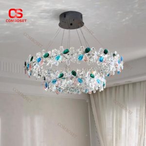 Đèn Chùm Bông Hoa 6 Cánh Pha Lê Màu Sắc Sặc Sỡ Thiết Kế 2 Vòng Hoa Decor Phòng Khách