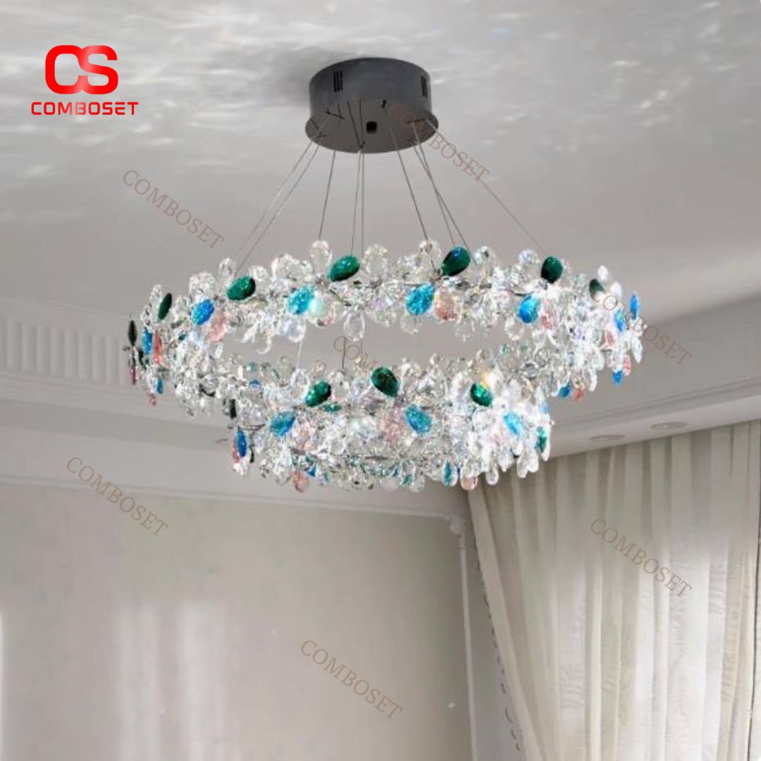 Đèn Chùm Bông Hoa 6 Cánh Pha Lê Màu Sắc Sặc Sỡ Thiết Kế 2 Vòng Hoa Decor Phòng Khách